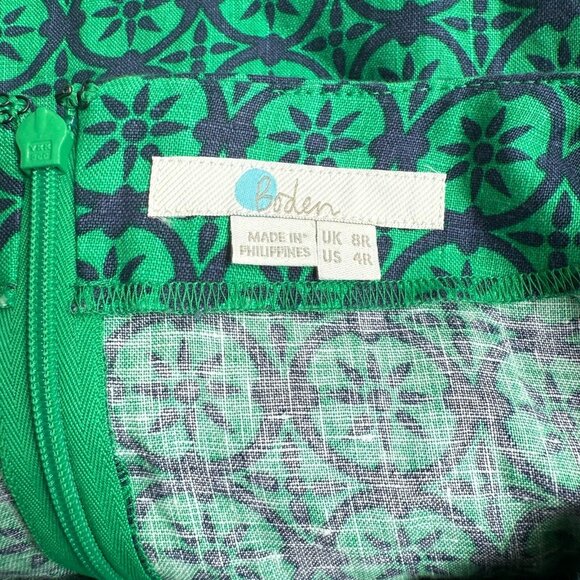 Boden Women's 100% Linen Green Navy Blue Floral Long Sleeve Shift Dress Size 4R - Picture 6 of 12